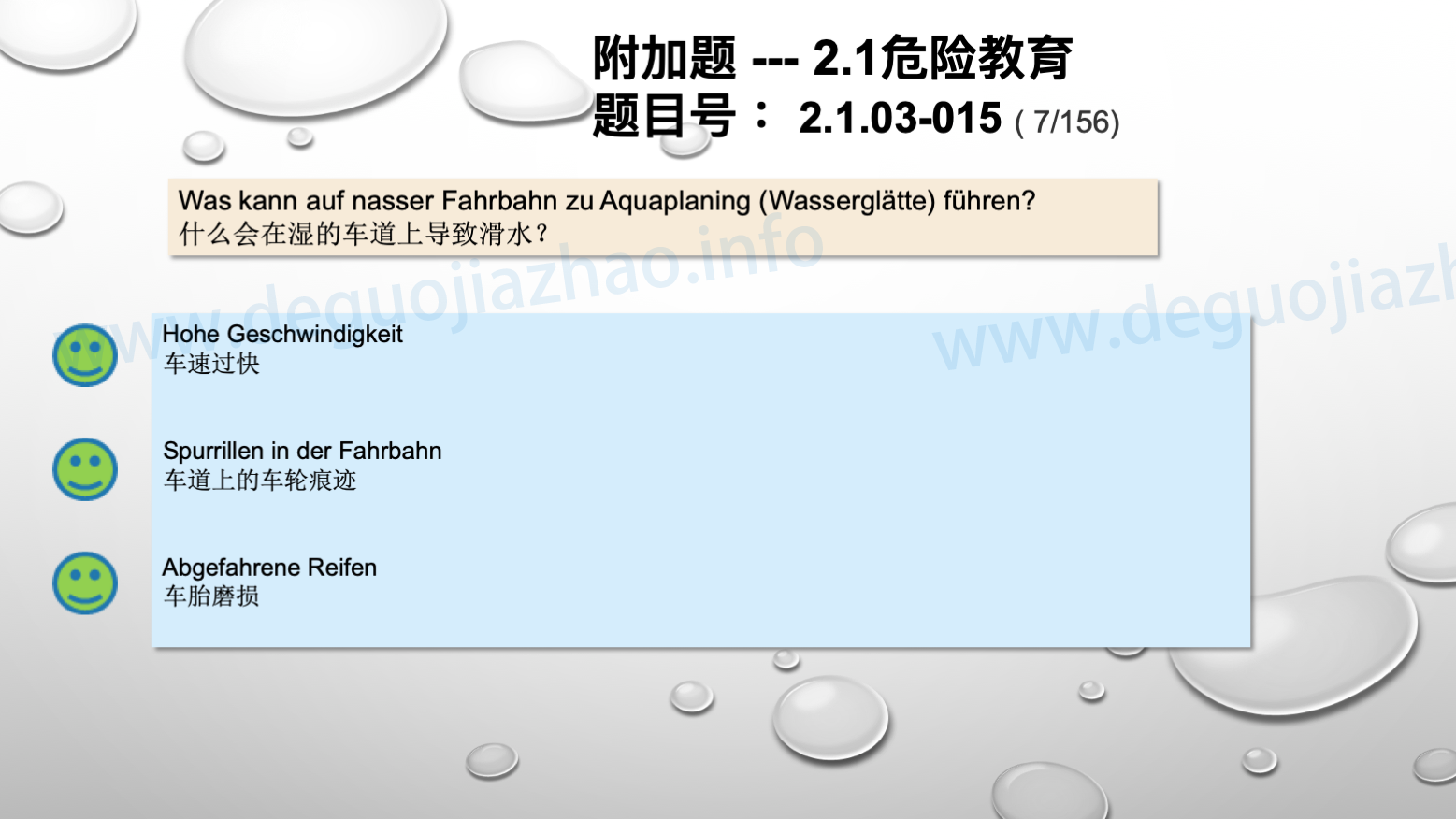 德国驾照官方理论题 章节 2.1.03 车道和天气因素