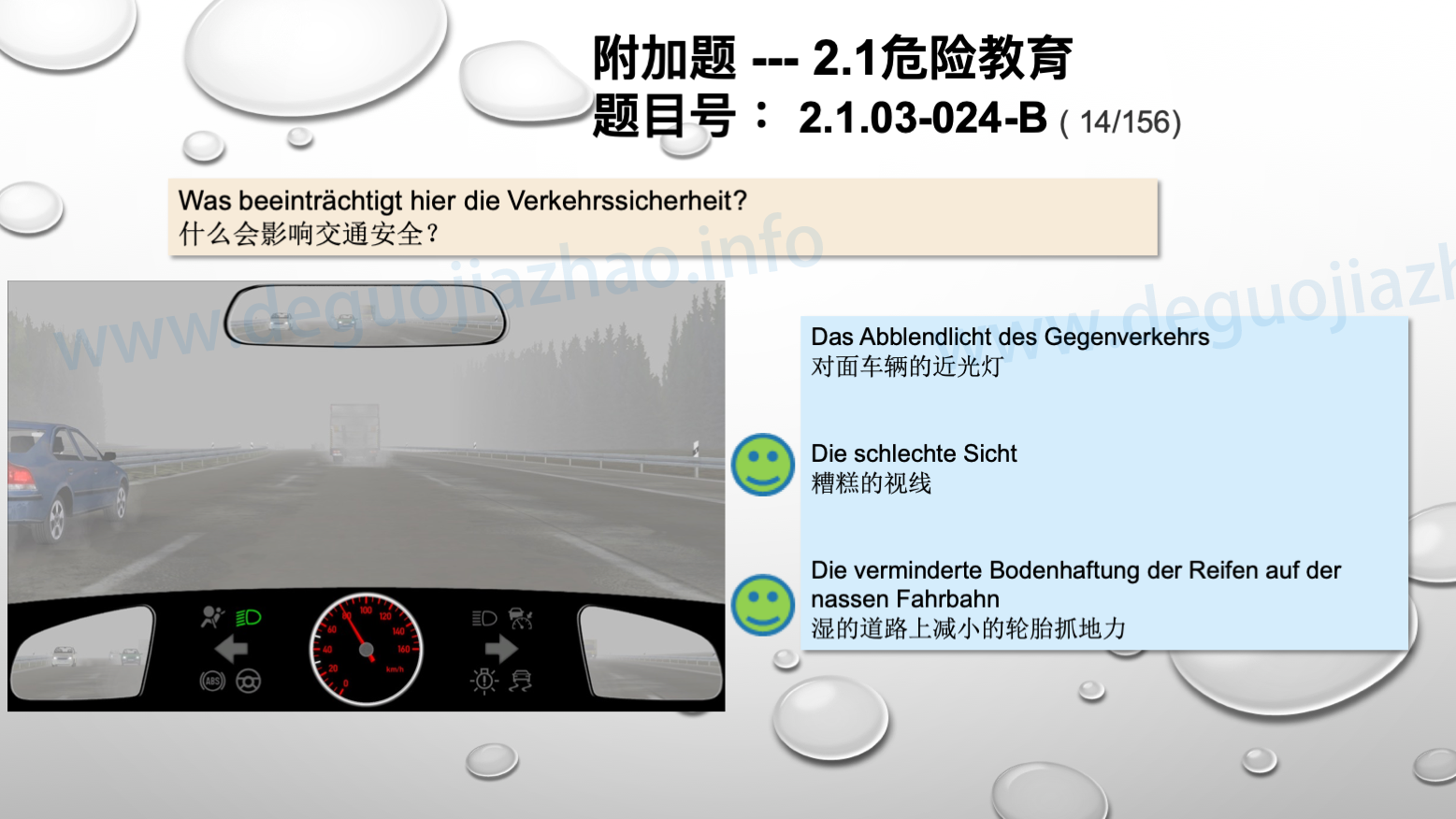 德国驾照官方理论题 章节 2.1.03 车道和天气因素