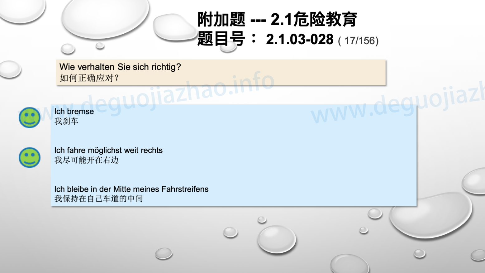 德国驾照官方理论题 章节 2.1.03 车道和天气因素