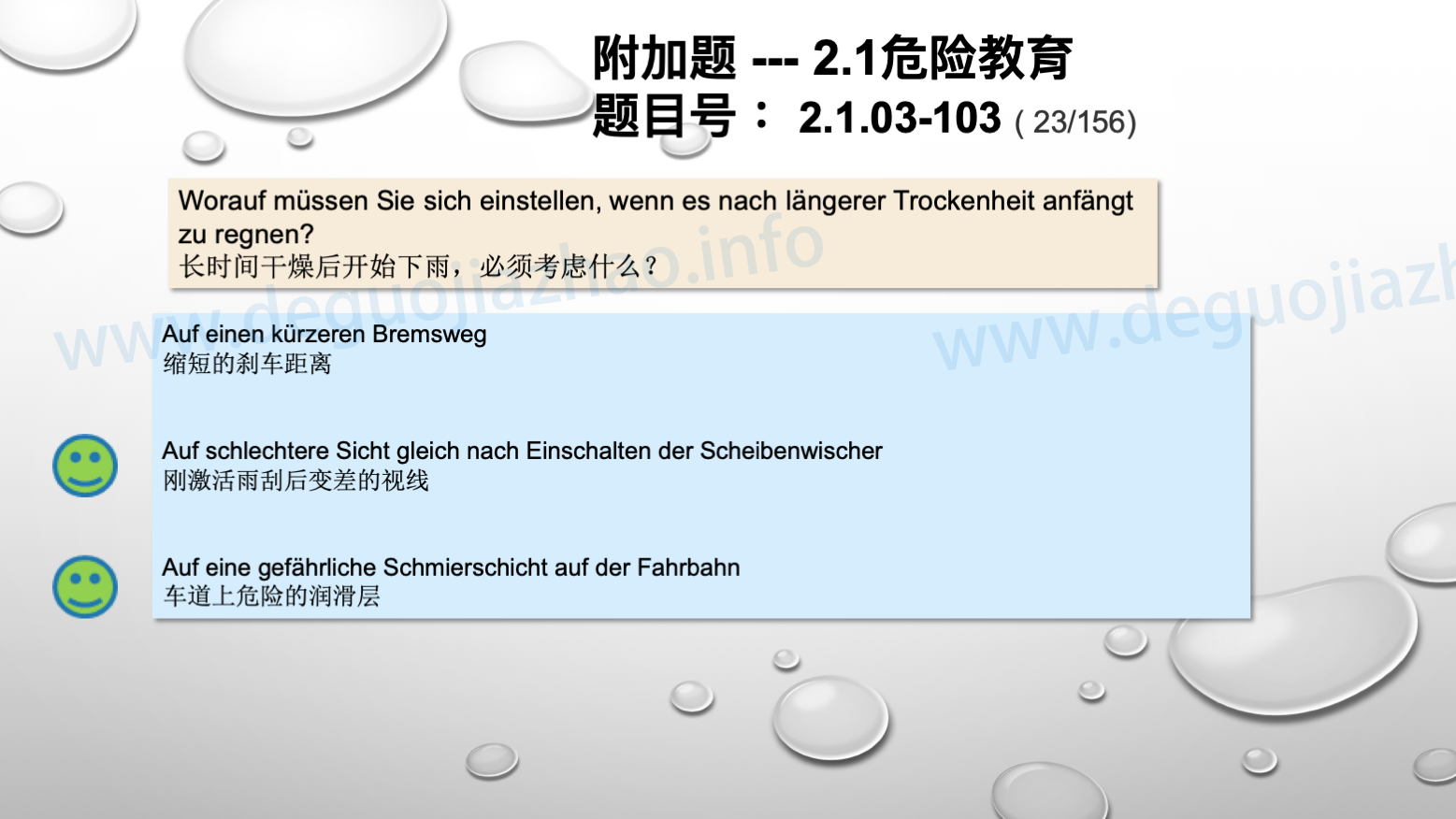 德国驾照官方理论题 章节 2.1.03 车道和天气因素