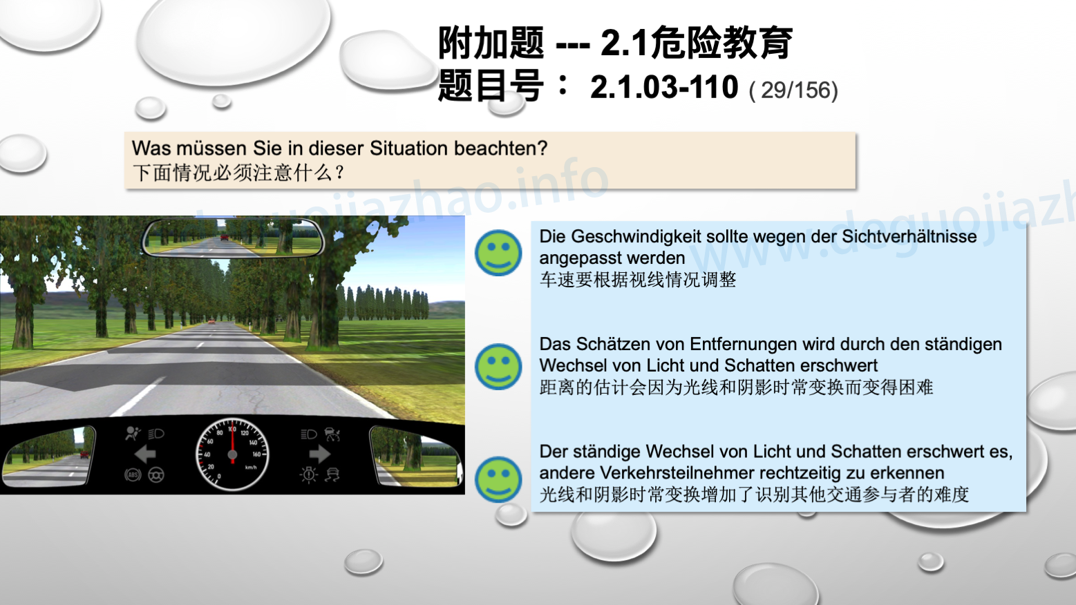 德国驾照官方理论题 章节 2.1.03 车道和天气因素